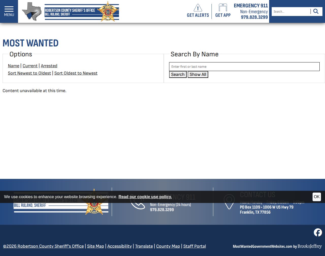 Robertson County Sheriff's Most Wanted official notice interface